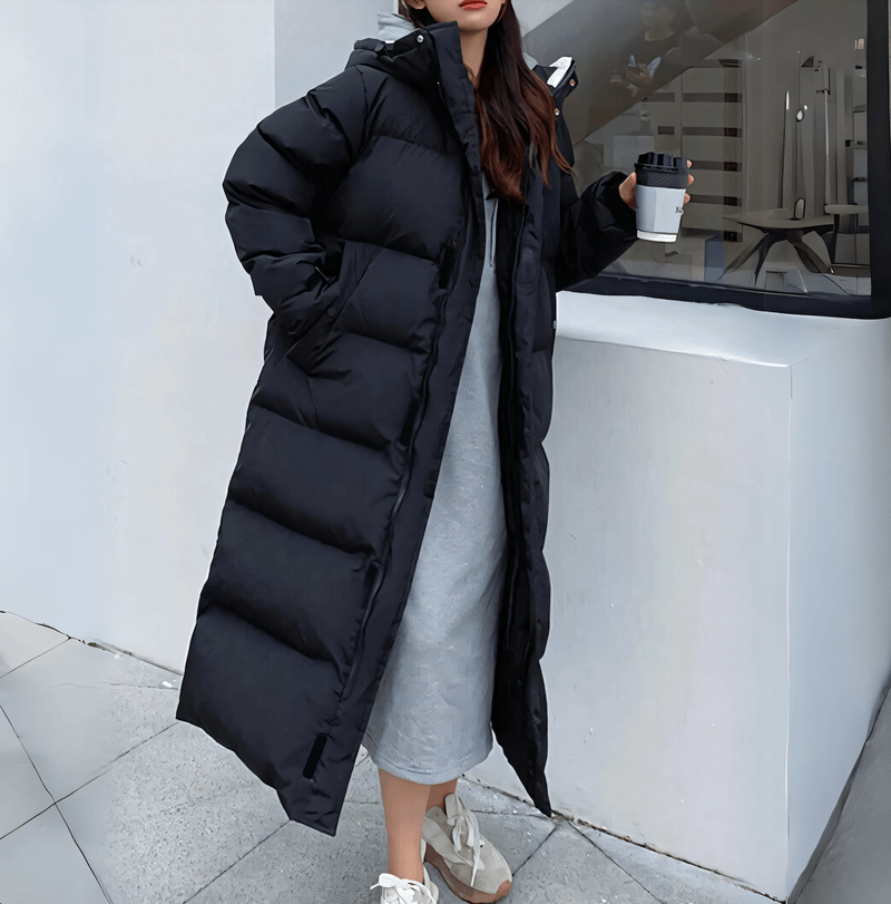 Street-Wave Hooded Longline Puffer Jacket For Women Warmth And Style Winter Coat