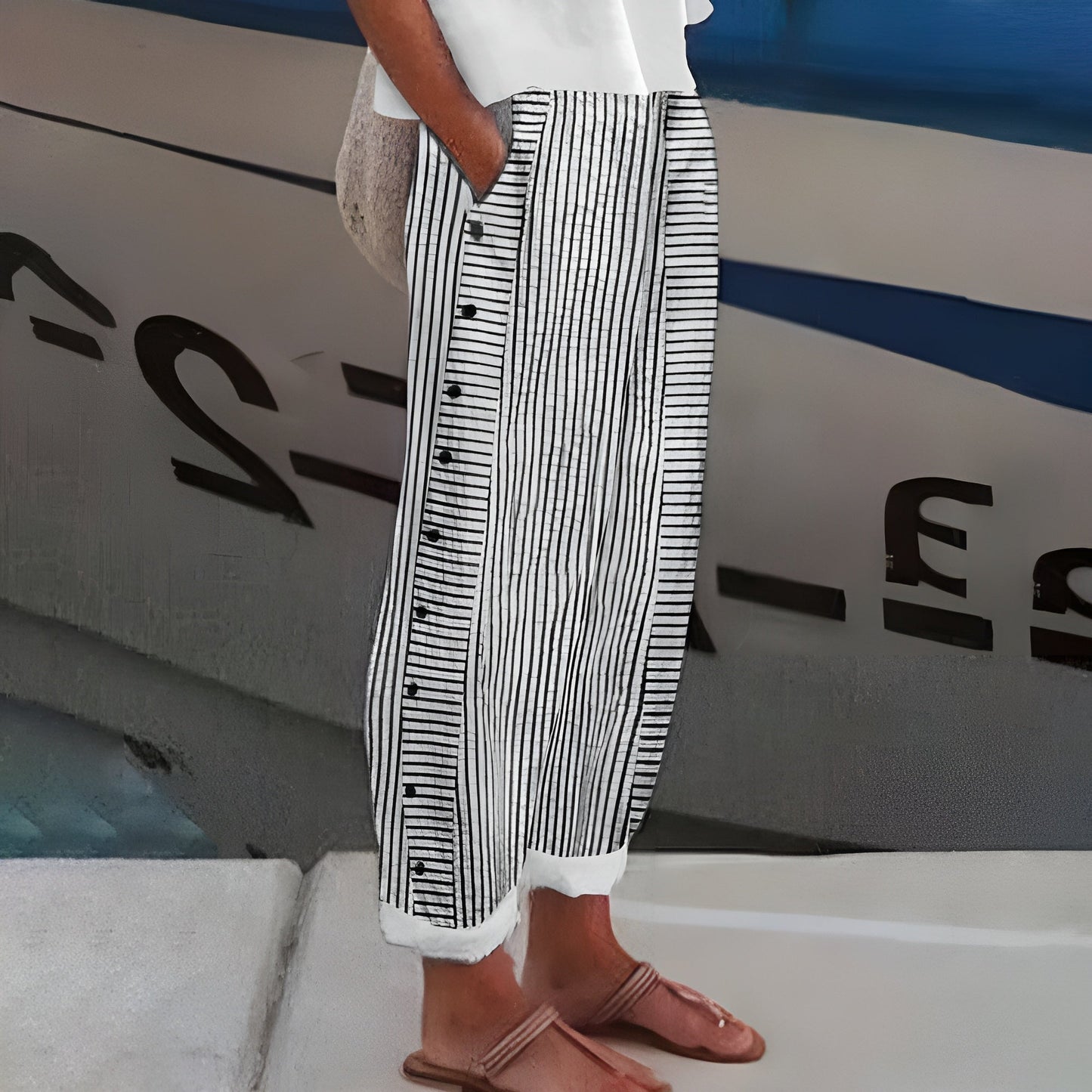 Street Wave Linen Blend Pants Unisex Striped Breezy For Summer Travel