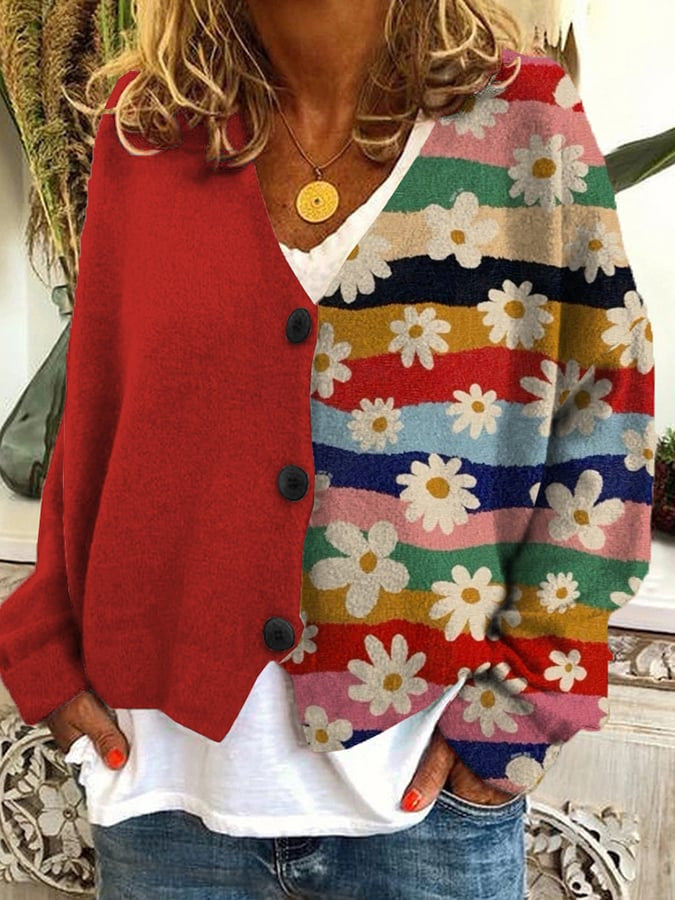 Streetwave Patchwork Cardigan For Women Cozy Warm Winter Jacket With Button Front