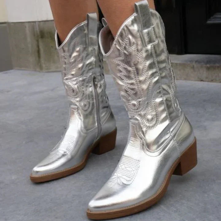 Street-Wave Metallic Pink Cowboy Boots With Embroidery And Side Zip For Fashionable Women All Day Comfort