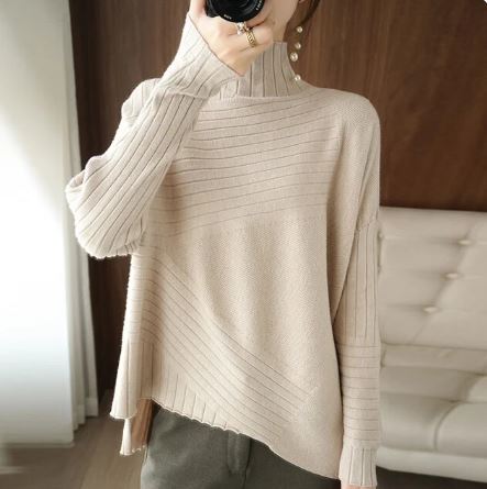 Street-Wave Cozy Asymmetric Ribbed Turtleneck Sweater For Women With Soft Warmth