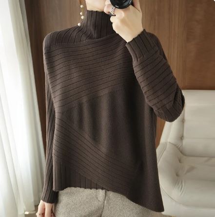 Street-Wave Cozy Asymmetric Ribbed Turtleneck Sweater For Women With Soft Warmth
