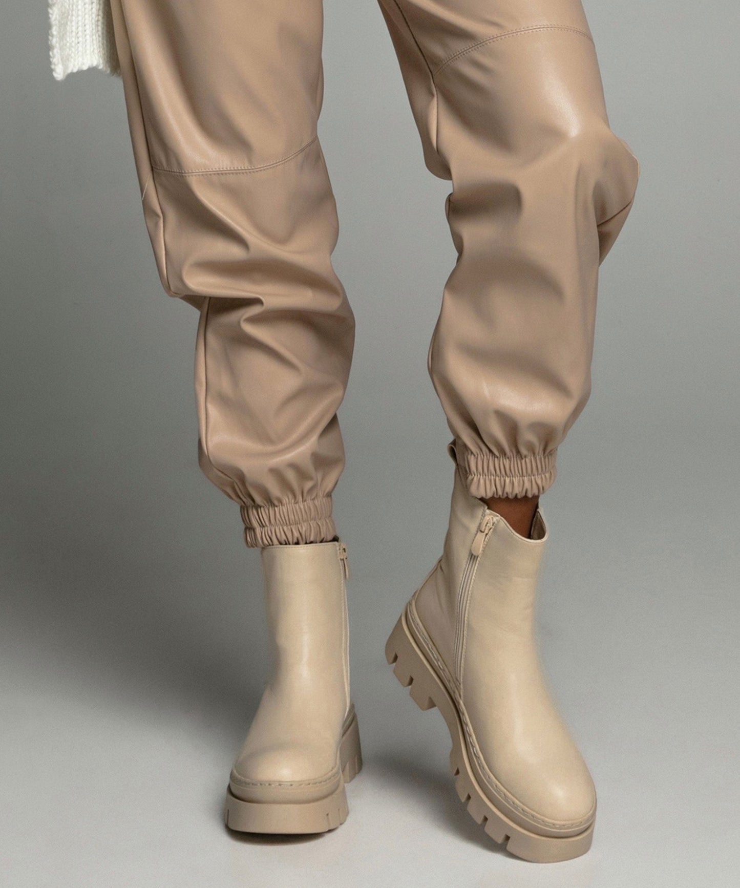 Streetwave Beige Cowhide Leather Ankle Boots With Elastic Side Panel Waterproof Platform Lug Sole Mid Heel For Women