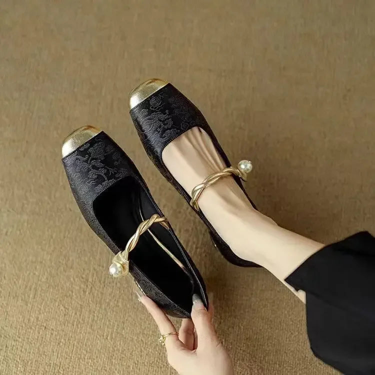 Women's Mary Jane Shoes with Pearl Strap and Block Heel