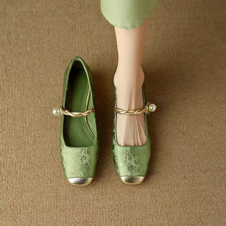 Women's Block Heel Shoes with Pearl Strap and Glitter Finish