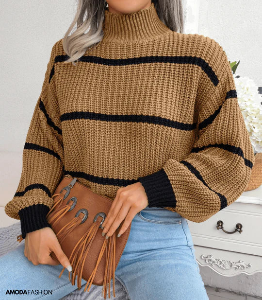 Street Wave Striped Cozy Knit Pullover For Women Roll Neck Autumn Wardrobe Comfort And Warmth