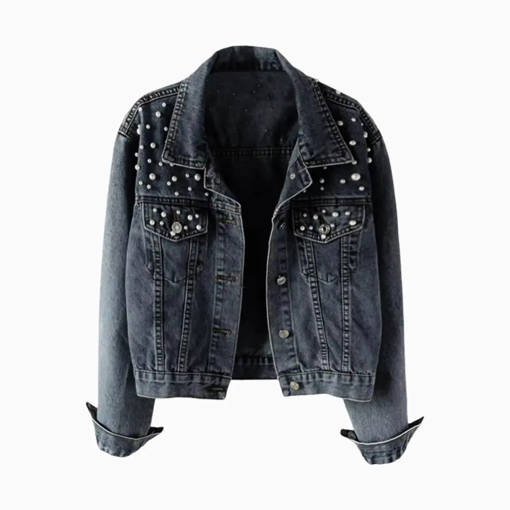Waylynn Gia Pearl Denim Jacket Unisex Beaded Detailing Chic