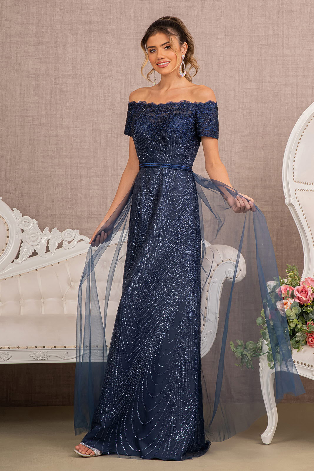 Prom Dress Glitter Print Mesh Off Shoulder Floor Length Street Wave Women