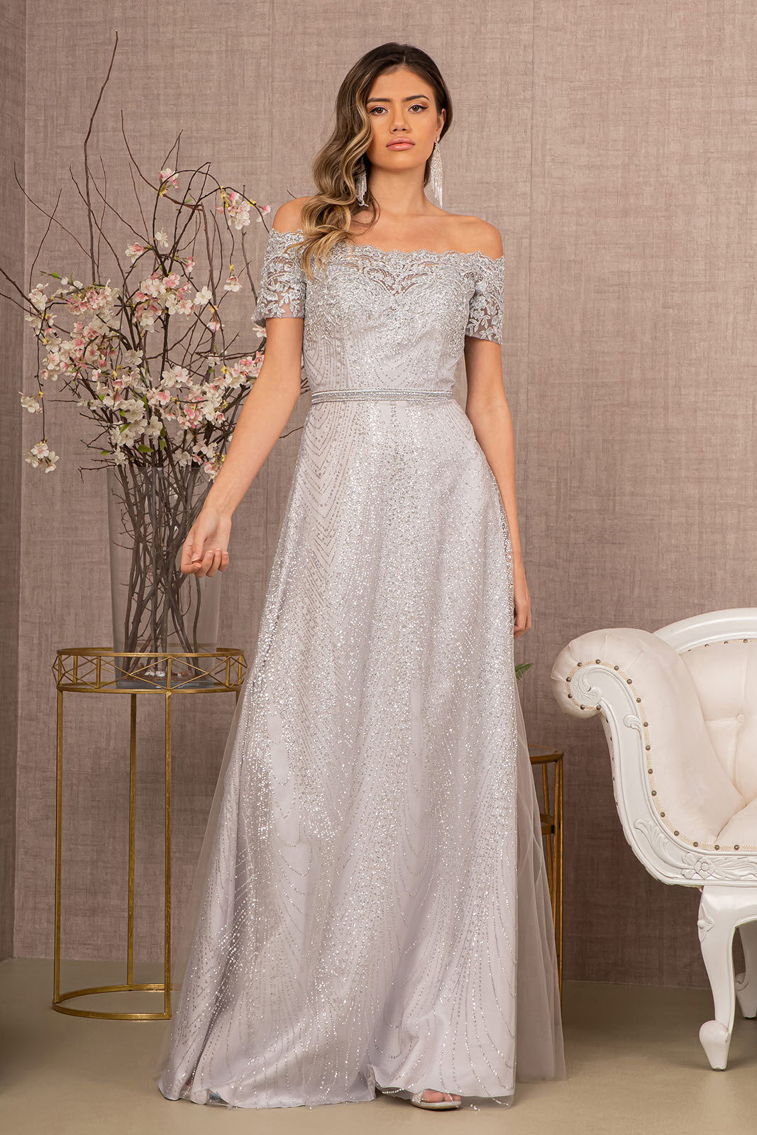 Prom Dress Glitter Print Mesh Off Shoulder Floor Length Street Wave Women
