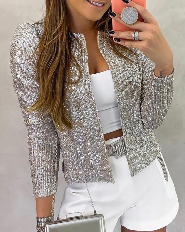 Street-Wave Gold Sequin Sparkle Open Front Party Jacket Women