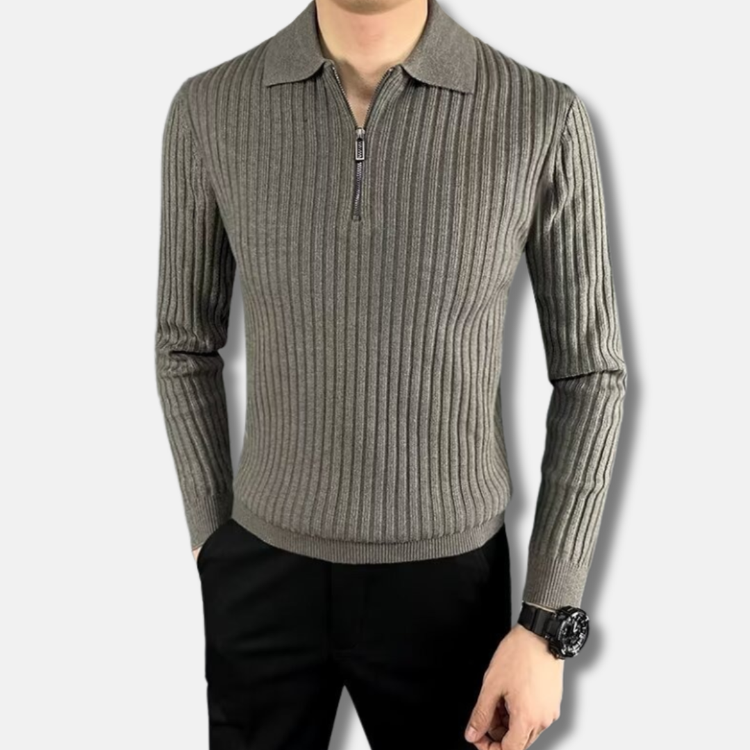 Mens Rib Knit Half Zip Polo Sweater Street-Wave Slim Fit