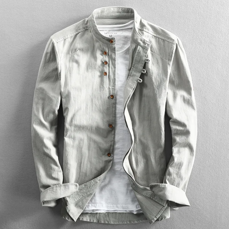 Street-Wave Men Slim Fit Linen Mandarin Collar Shirt With Button Front Long Sleeve Hip Length For Casual Wear