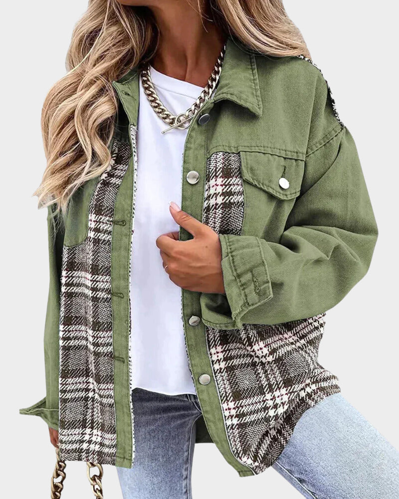 Street-Wave Casual Cotton Jacket With Plaid Panels For Women, Timeless Comfort And Everyday Style