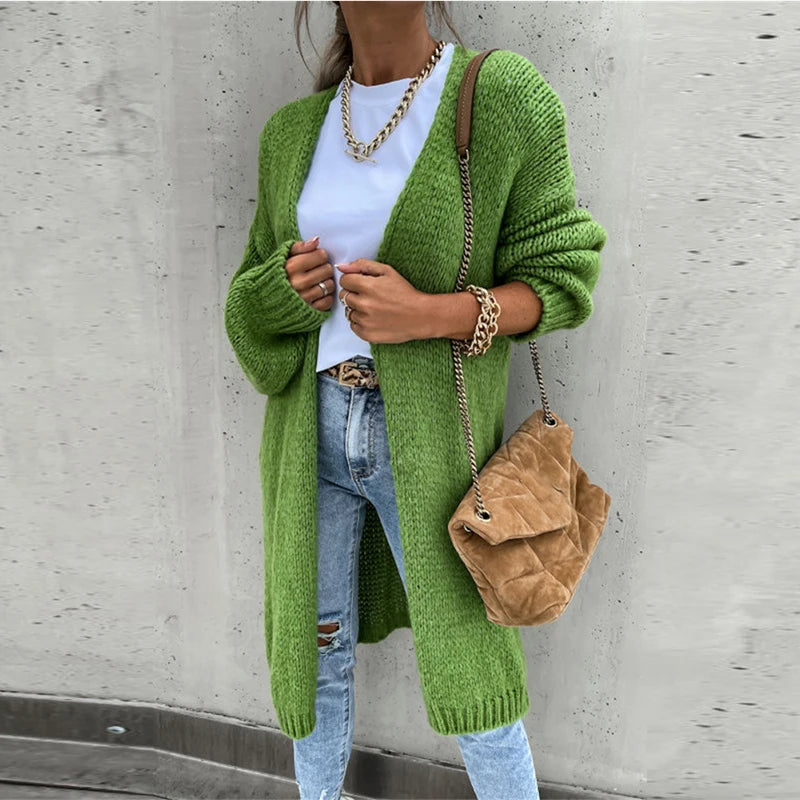 Street-wave Cashmere Cardigan for Women, Mid-Length Warm Knitwear, Elegant Autumn Winter