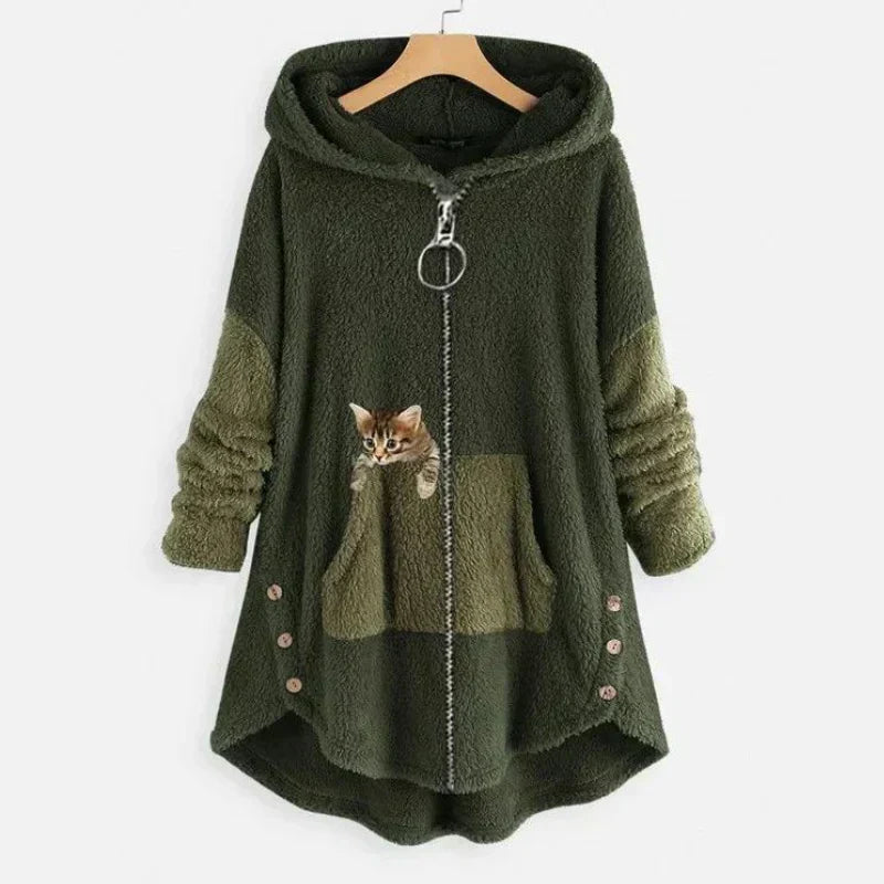 Streetwave Cozy Plush Hooded Jacket For Women With Cat Patch Pockets And Warmth For Winter Style