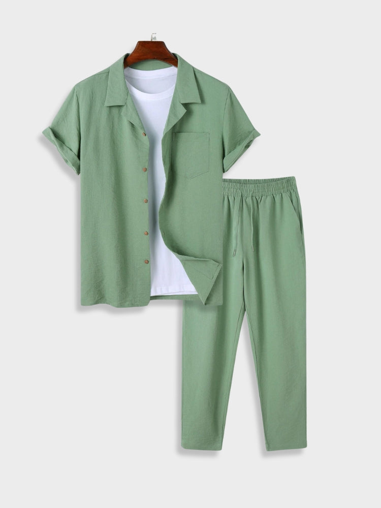 Streetwave Mens Linen Shirt And Elastic Waist Pants Set For Office And Travel Comfort
