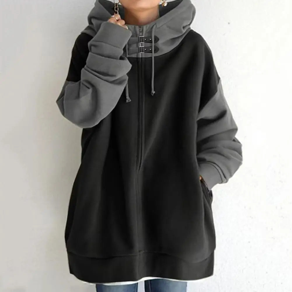 Street-wave Cozy Two Tone Hoodie Pullover For Women With Color Block Design Casual Chic