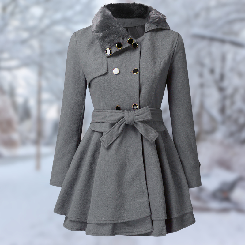 Street-Wave Red Wool Coat For Women With Elegant Belted Silhouette And Black Faux Fur Collar For Winter