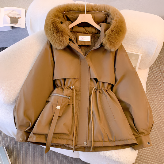Street Wave Hooded Winter Parka With Faux Fur Trim For Women Adjustable Waist Cinch Chic Cozy Outerwear