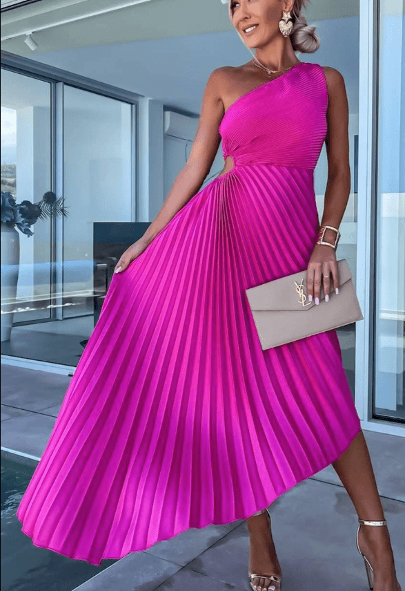 Street Wave One Shoulder Pleated Maxi Dress For Women Elegant Gala Gown