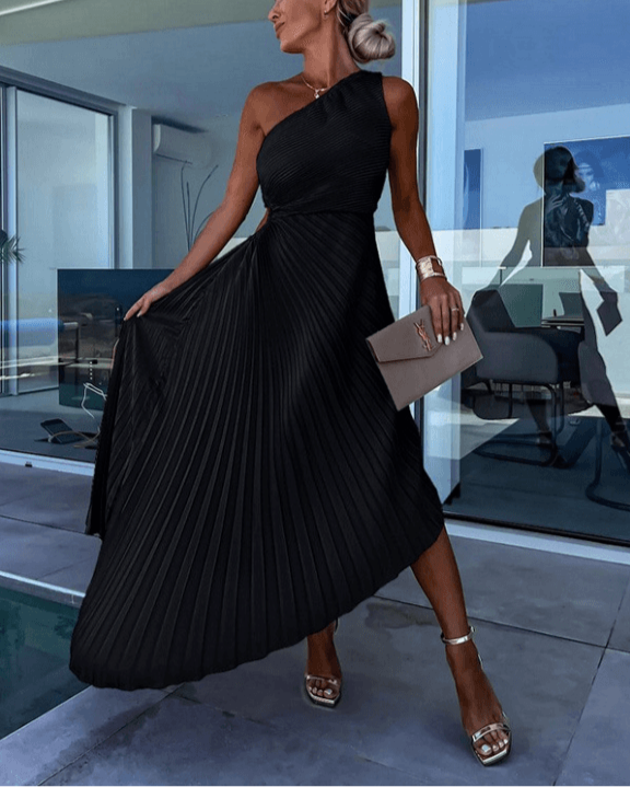 Street Wave One Shoulder Pleated Maxi Dress For Women Elegant Gala Gown