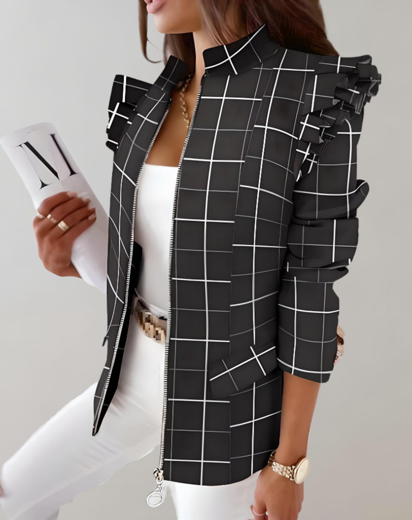 Street-wave Geometric Print Coat For Women Effortless Chic Bold Statement Outerwear Premium Materials