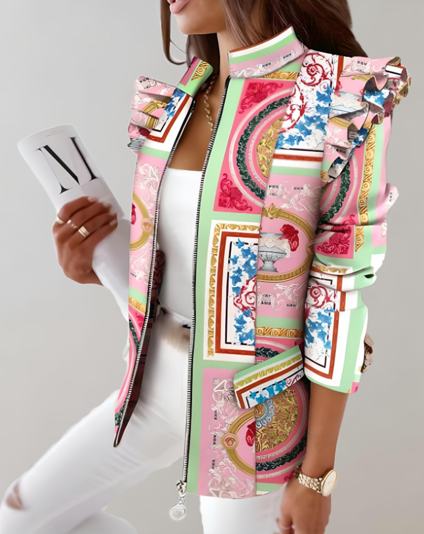 Street-wave Geometric Print Coat For Women Effortless Chic Bold Statement Outerwear Premium Materials