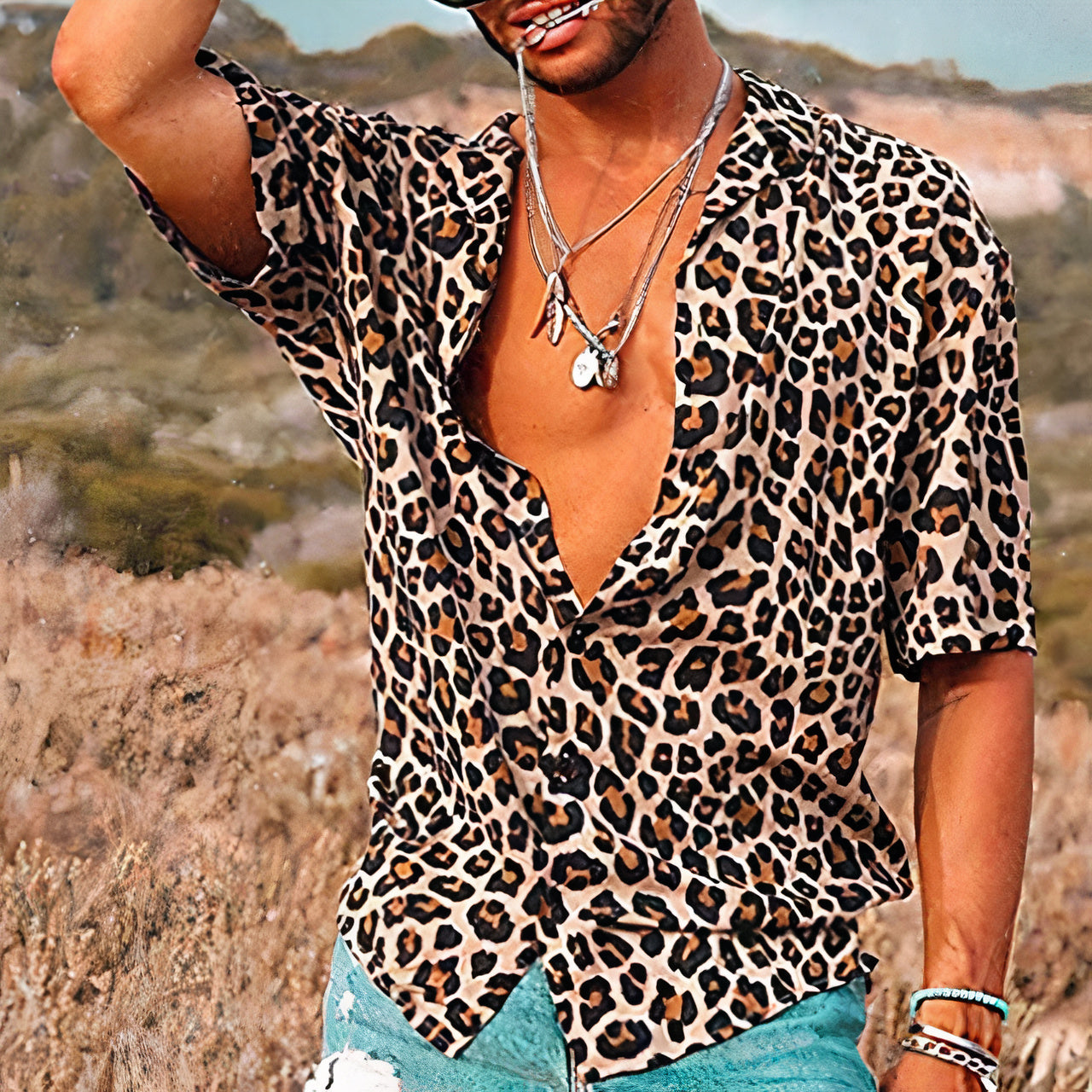 Leopard Print Mens Summer Shirt Street Wave Merium Lightweight Breathable Bold Fashion For Fashion Forward Men