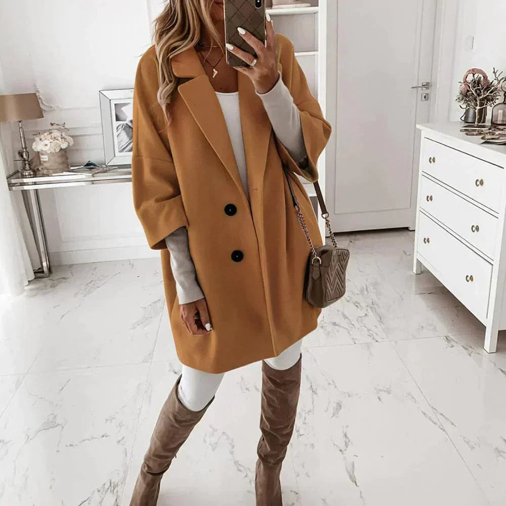 Long Wool Blend Coat With Button Details For Modern Women Street Wave Effortless Minimalist Elegance