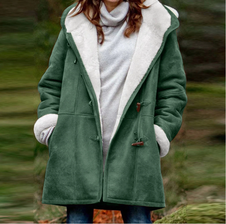 Street-wave Suede Toggle Duffle Coat For Women With Cozy Shearling Lining And Relaxed Fit