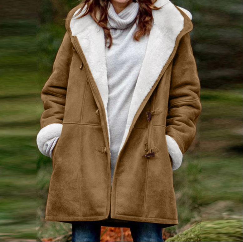 Street-wave Suede Toggle Duffle Coat For Women With Cozy Shearling Lining And Relaxed Fit