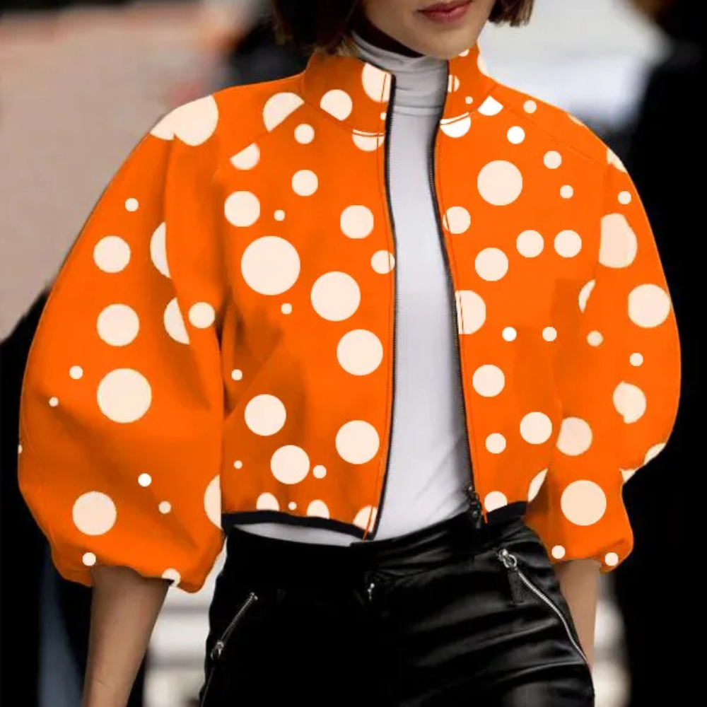 Street-wave Women Orange Polka Dot Short Jacket Chic Compact Autumn Coat Trendy Must-Have