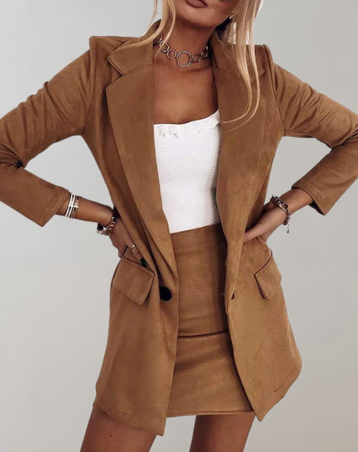 Street-Wave Leather Look Blazer And Skirt Set For Women, Luxurious Tailored Chic