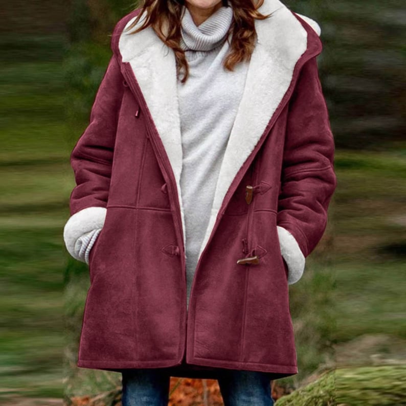 Street-wave Suede Toggle Duffle Coat For Women With Cozy Shearling Lining And Relaxed Fit