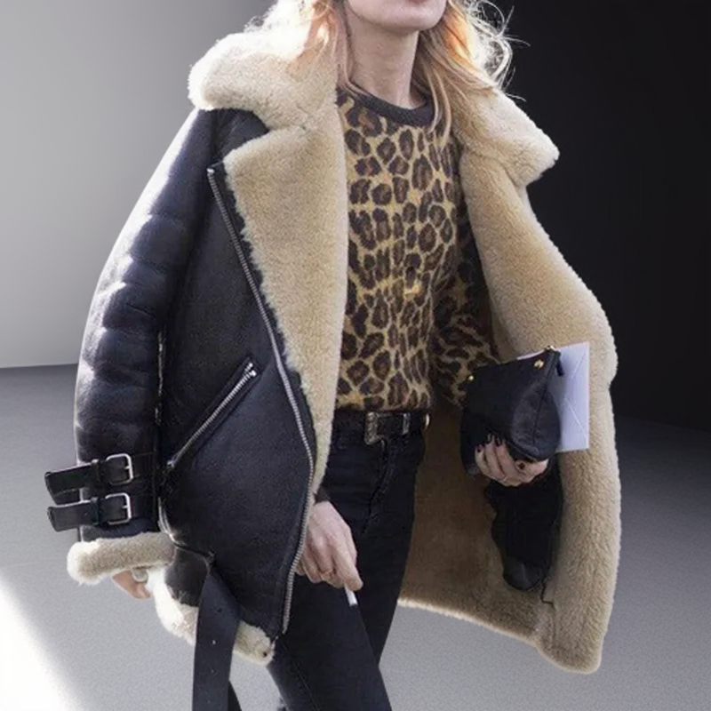 Street-wave Leather-Trim Wool Blend Coat With Shearling Lining For Women Tailored Warmth And Style