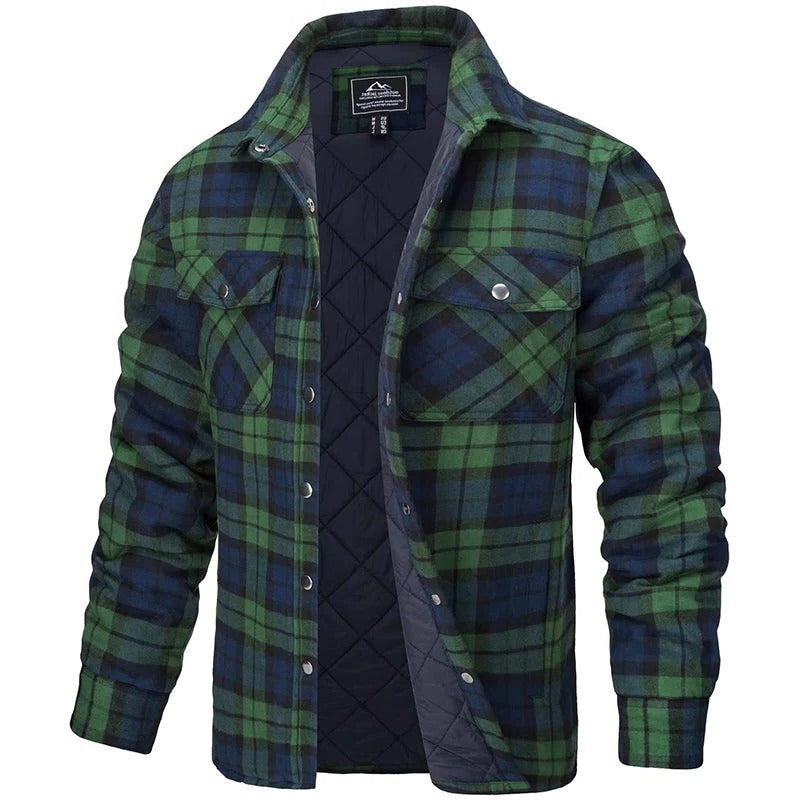 Mens Blue Plaid Button Up Flannel Jacket With Long Sleeves And Two Chest Pockets For Cold Weather