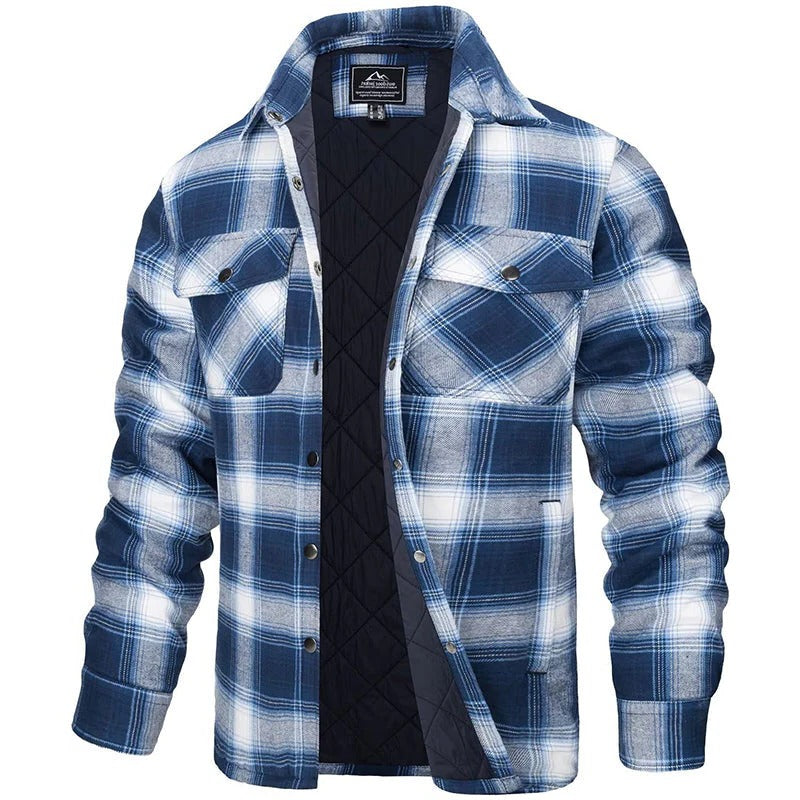 Mens Blue Plaid Button Up Flannel Jacket With Long Sleeves And Two Chest Pockets For Cold Weather