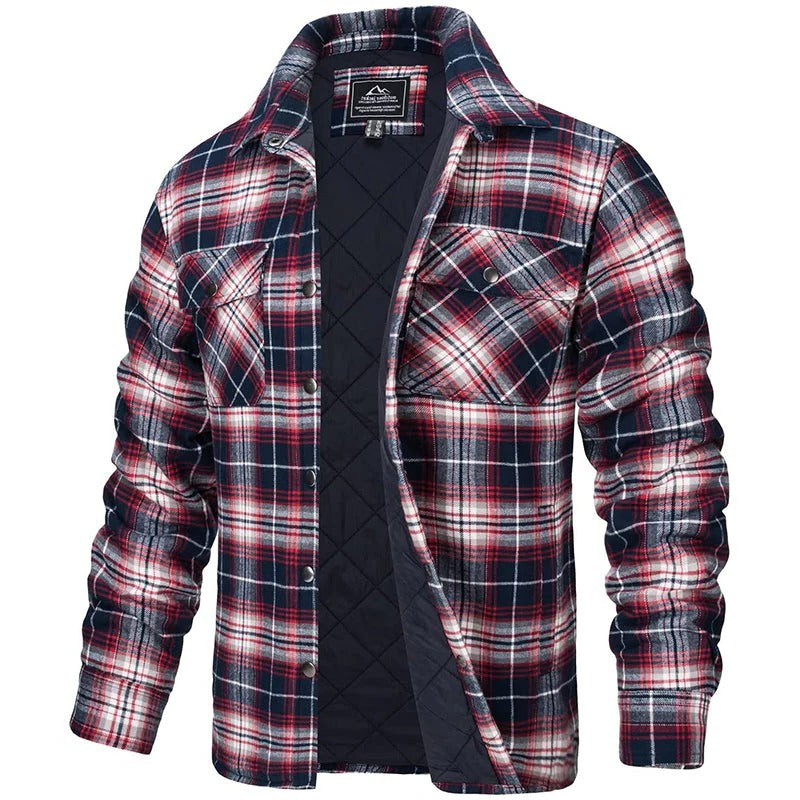 Mens Blue Plaid Button Up Flannel Jacket With Long Sleeves And Two Chest Pockets For Cold Weather