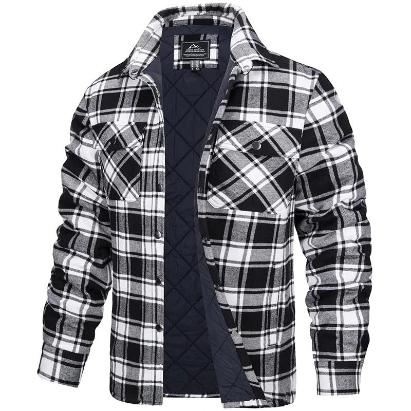 Mens Blue Plaid Button Up Flannel Jacket With Long Sleeves And Two Chest Pockets For Cold Weather