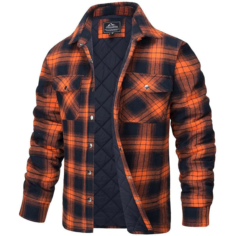 Mens Blue Plaid Button Up Flannel Jacket With Long Sleeves And Two Chest Pockets For Cold Weather