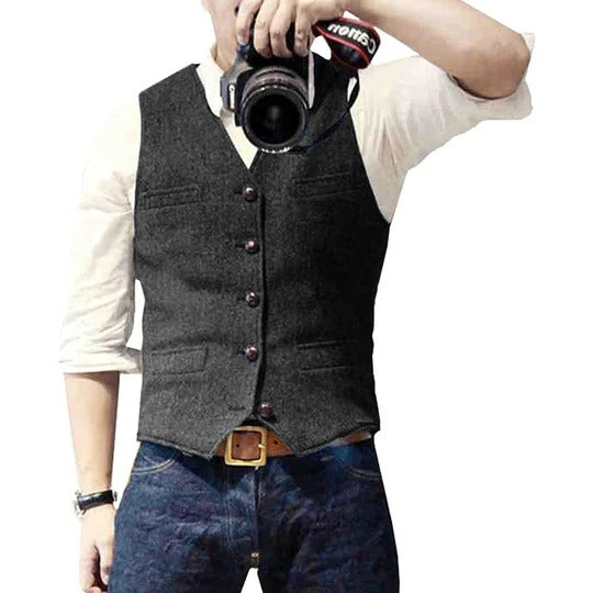 Street-Wave Men's Denim Vest With Button Closure And Practical Pockets For Versatile Casual Layering