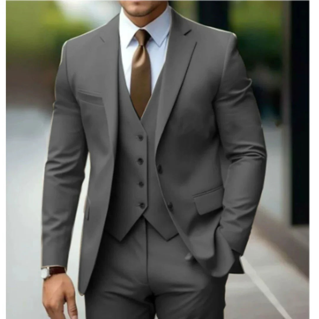 Street-Wave Three Piece Mens Suit Set Jacket Vest Trousers Tailored Fit Formal Business Wear