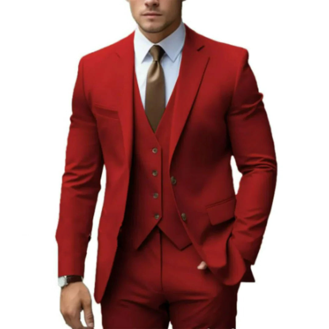 Street-Wave Three Piece Mens Suit Set Jacket Vest Trousers Tailored Fit Formal Business Wear