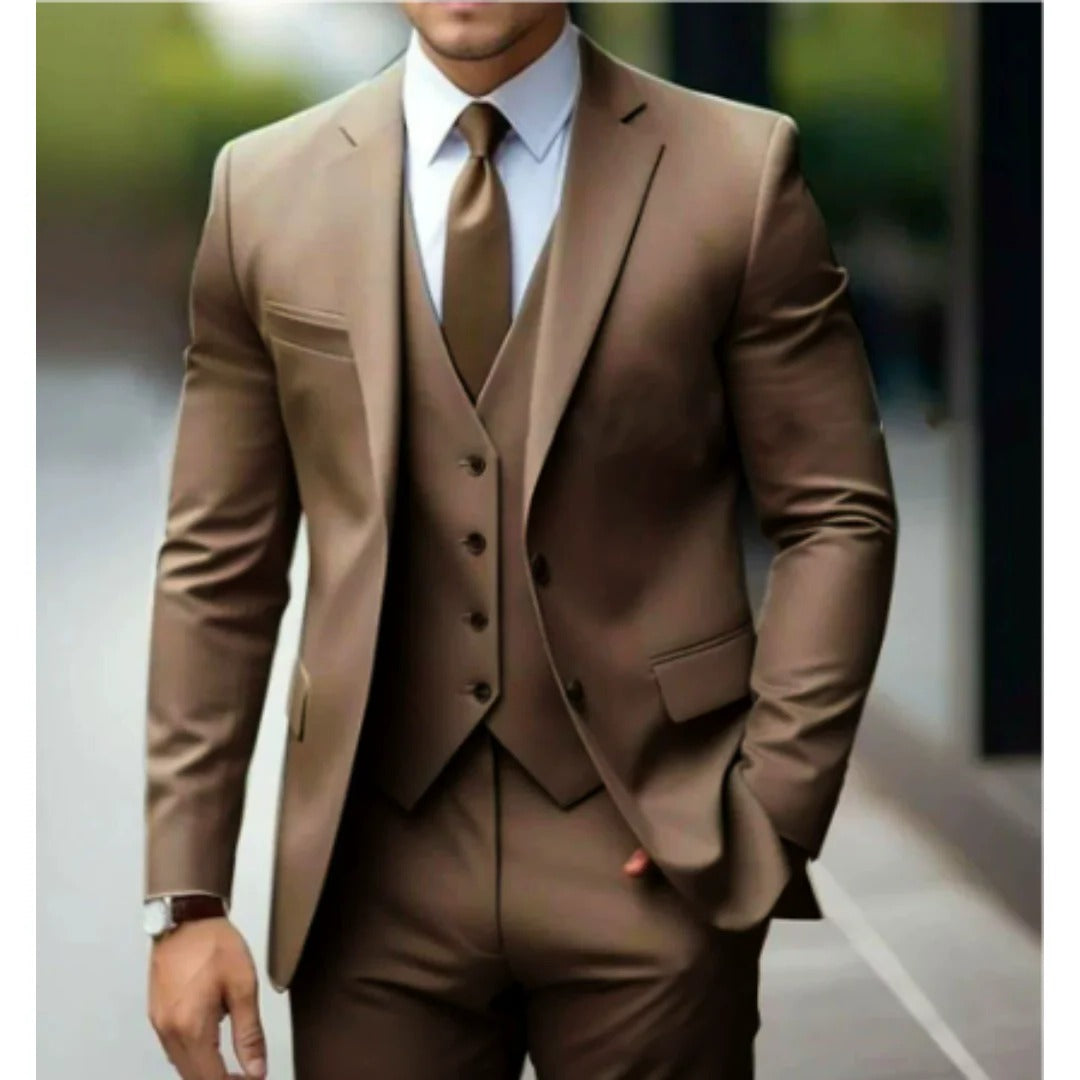 Street-Wave Three Piece Mens Suit Set Jacket Vest Trousers Tailored Fit Formal Business Wear