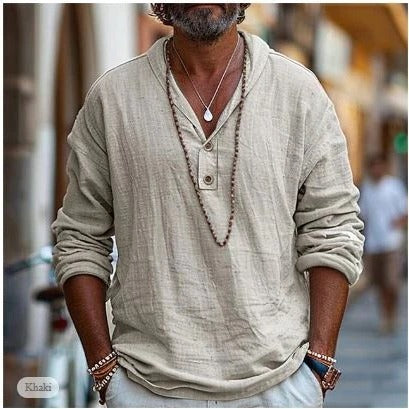 Mens Linen Long Sleeve Shirt With Stand Up Collar For Layering And Casual Everyday Wear By Street-Wave