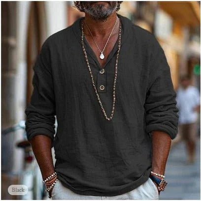 Mens Linen Long Sleeve Shirt With Stand Up Collar For Layering And Casual Everyday Wear By Street-Wave