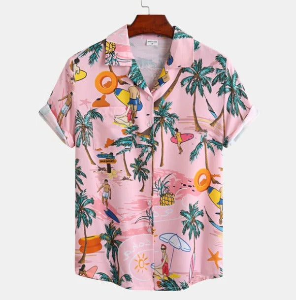 Mens Hawaiian Shirt With Palm Tree Print Short Sleeve Relaxed Fit Casual Summer Shirt
