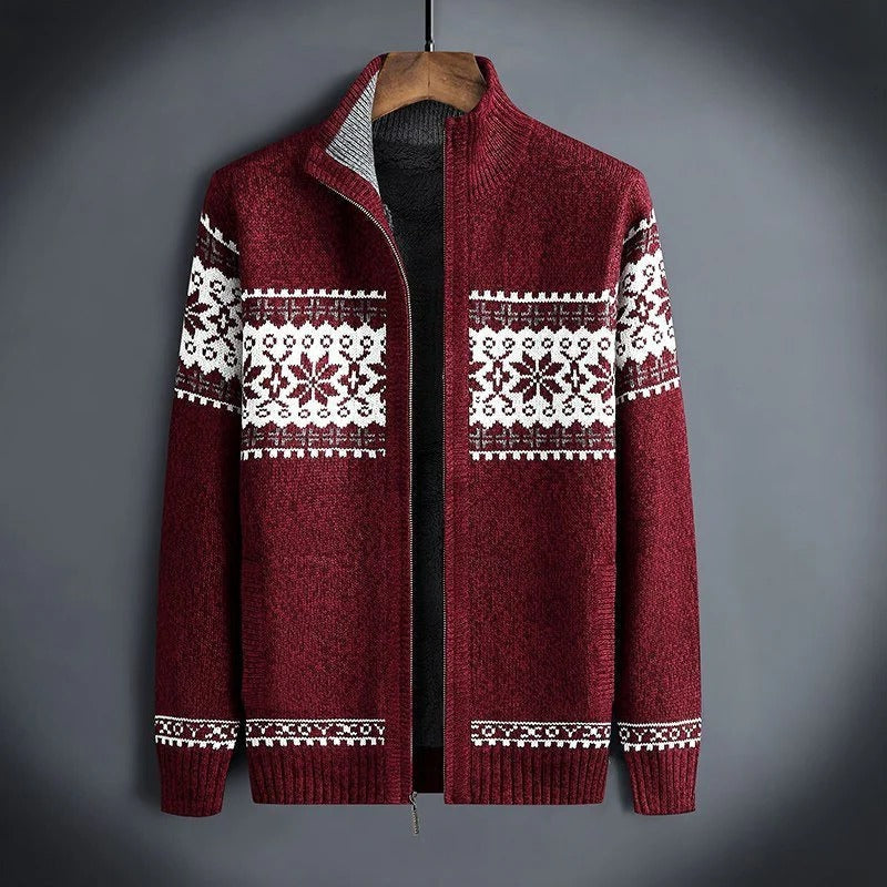 Street-Wave Knitted Winter Jacket For Men Zip Front With Nordic Pattern Warm Coat For Daily Wear