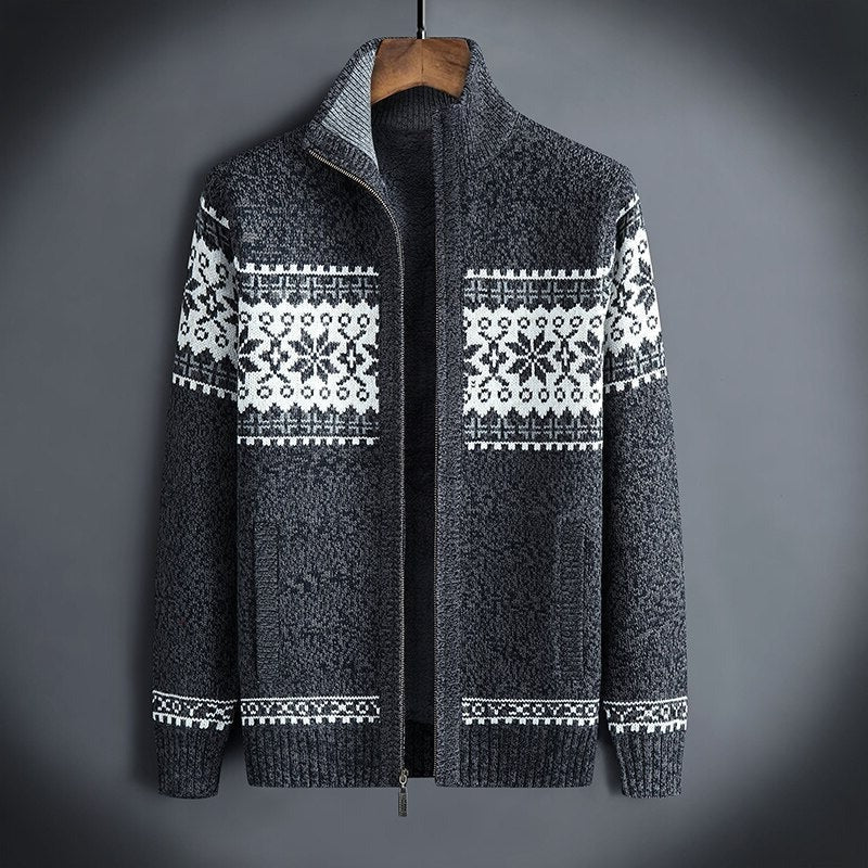 Street-Wave Knitted Winter Jacket For Men Zip Front With Nordic Pattern Warm Coat For Daily Wear