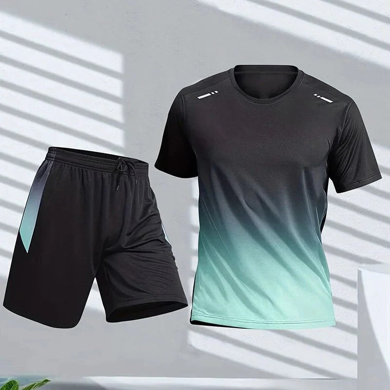 Street-Wave Mens Gradient Sportswear Set With Short Sleeve Top And Matching Shorts For Training